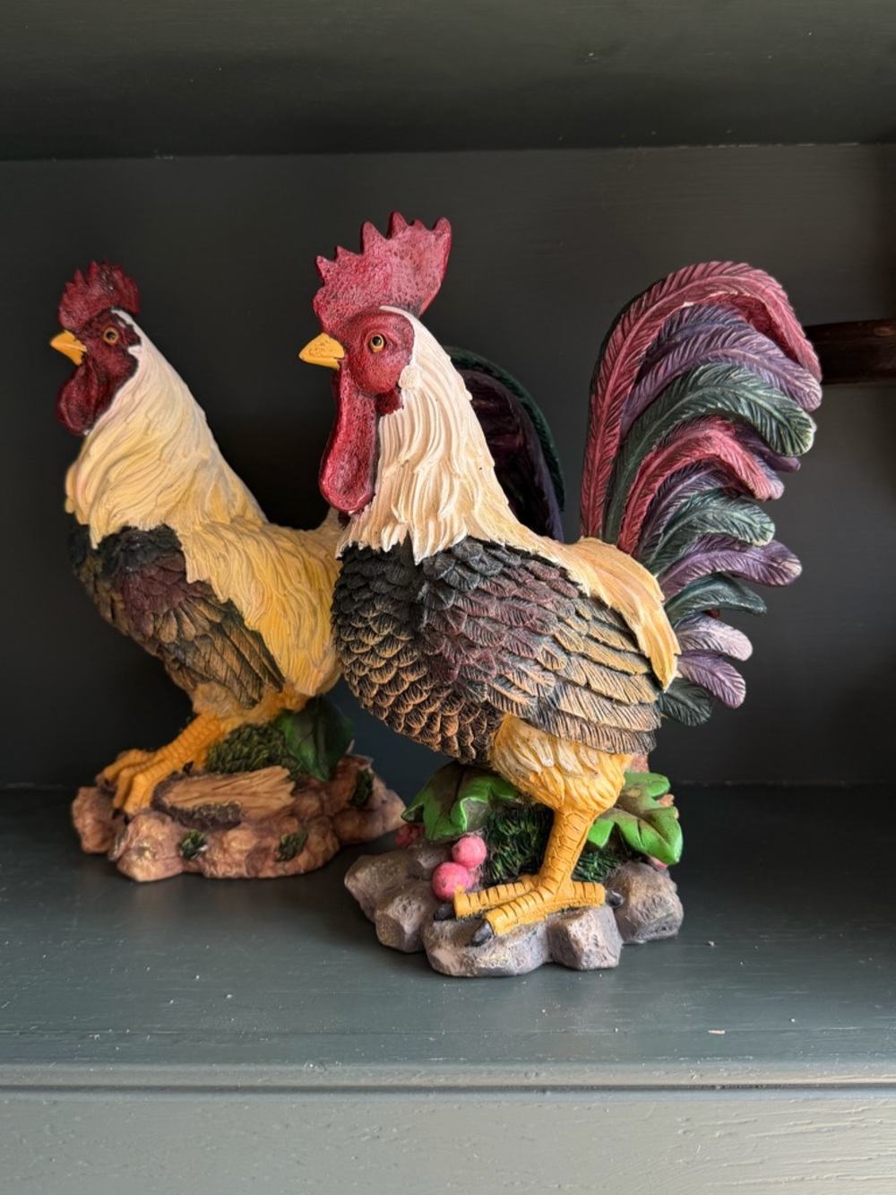 Colorful Rooster Statue Pair - Vibrant Multicolor Farm Décor